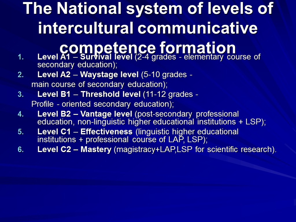 The National system of levels of intercultural communicative competence formation Level A1 – Survival